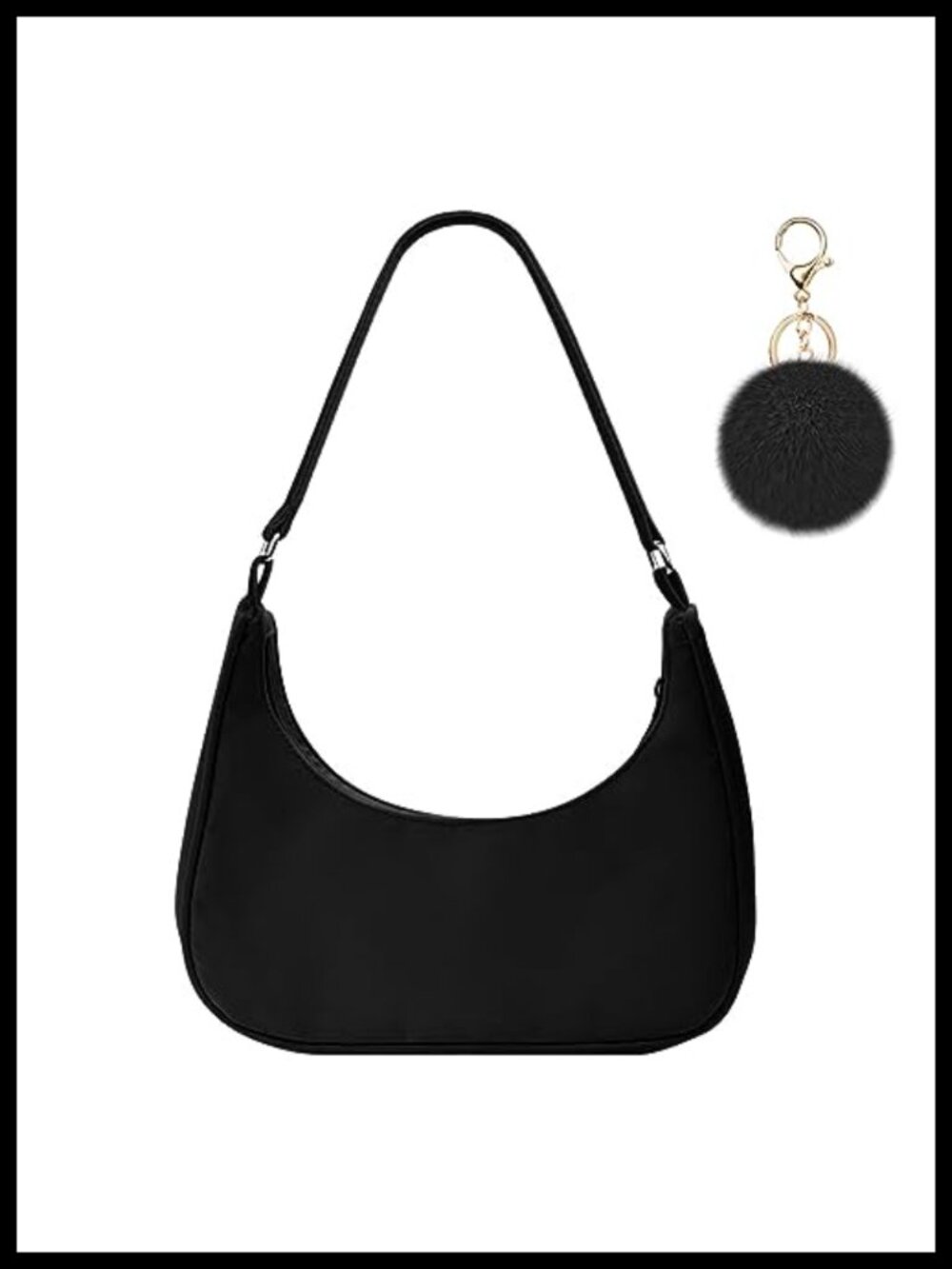 Nylon Shoulder Bag Mini Handbag Y2K Underarm Purse with Pom Pom Keychain